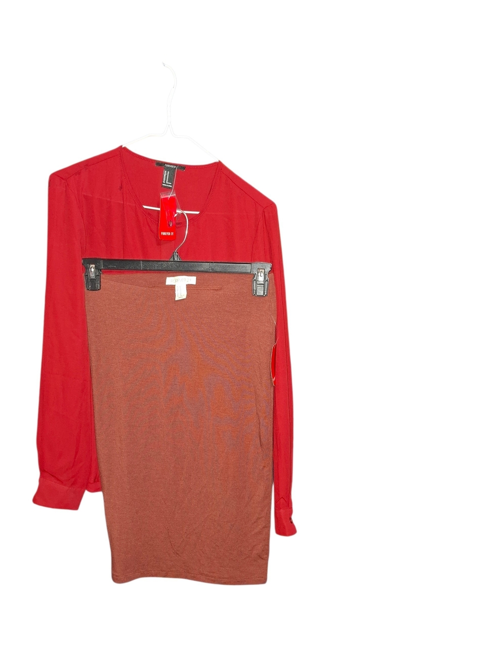 Forever 21 Red V-Neck Long Sleeve Top with Rust Skirt Set